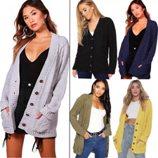 Women Ladies Cable Chunky Knit Cardigan Button Long Sleeves Grandad Cardigan