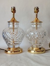 Matching Pair of Heavy Cut Glass And Gold Effect Metal Vintage Table Lamps 