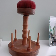 Antique wooden sewing stand 6 Spool holder with pin cushion