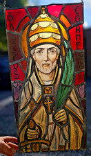 Antique 19thc stained glass window religion panel plaue saint Cornelius rare