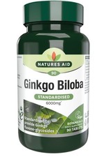 Ginkgo Biloba Standardised by Natures Aid 6000mg - 90 VEGAN Tablets *BBE 10/25*