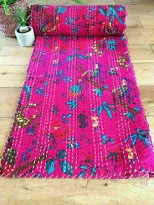 Queen Size Handmade Vintage Kantha Quilt Bird Blanket Indian Cotton Bedspread