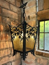Vintage Black Wrought Iron Porch Lantern With Yellow Glass Panels