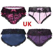 UK Men Underwear Shiny Panties Satin Silky Bowknot Lace Knickers Thong Briefs