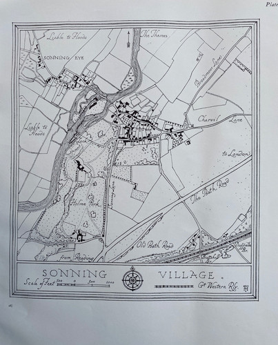 1929 antique map sonning - map;,