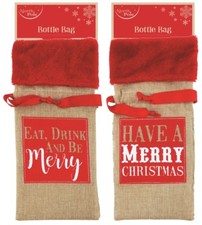 1 x Luxury Christmas Hessian Wine Beer Bottle Filler Gift Bag With Red Fur Trim