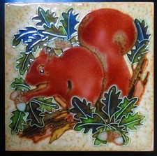 Red Squirrel ceramic tile, hand painted raised Majolica, Maw & Co, vintage 1970s