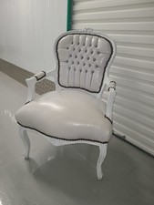 French Louis XV Style Tufted Armchair - White Faux Leather with Crystal Buttons