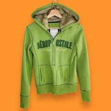 Vintage Y2K Aeropostale Women Teen Hoodie Size S Fur Hooded Sage Green Half Zip