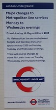 LONDON UNDERGROUND LEAFLET Metropolitan Line Engineering Work 2018 Tube Trains