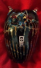Vintage Beautiful Blue Glass Owl Figure Ornament Mdina Glass with sticker Signed