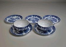 Japanese 2 Tea cups Blue White with 5 saucers Vintage tableware