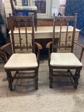 Vintage Ercol High Back Brown Wooden Carver Dining Chairs x 4 Check Fabric Seats