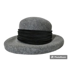 Vintage 80s Windsmoor Wool Felt Hat Wide Brim Grey Velvet Trim Elegant Chic