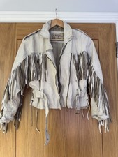 Vintage Ivory off white Leather jacket tassel fringe boho Cropped Belted Western