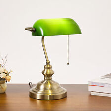 Traditional Green Banker Desk Lamp Pull Chain Switch Glass Light Satin Brass