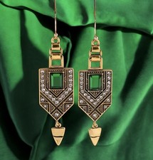 Vintage Style Emerald Green Zirconia Drop Earrings Retro Victorian Art Nouveau