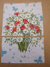 POPPY RED DAISY BLUE BUTTERFLY VINTAGE COTTON FABRIC cut in 2 makes ap 30cm 42cm