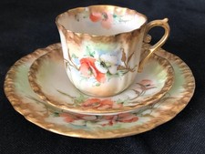 ANTIQUE NAUTILUS SCOTTISH PORCELAIN HAND PAINTED POPPY CUP, SAUCER & PLATE.