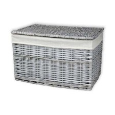Grey Wash Wicker Storage Trunk Chest Woven Large Basket With Lid Lined Rustic