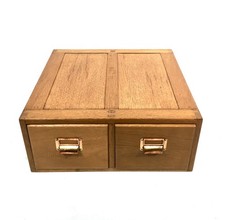 Antique Wooden Desktop Double Oak Stationery Index Filing Card Box Drawers c1940