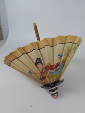 Vintage Japanese Rice Paper Parasol Hand-Painted Bamboo Wooden Handle Decorative