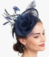 IBLUELOVER Womens navy blue Fascinator Hat Flower Feather Mesh headband