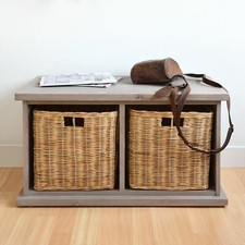 Tetbury Acacia Bench with 2 wicker baskets. Wooden storage bench.FULLY ASSEMBLED