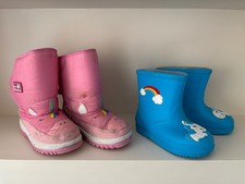 Jojo Maman girl’s pink Unicorn Snowboots size 10 & blue wellies 10.5