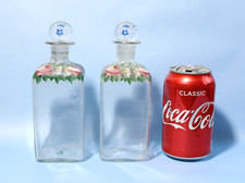 Pair Antique Glass Decanters / Large Scent Bottles Hand Painted Floral Pattern