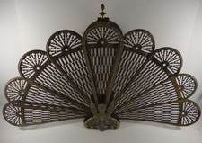 Antique Brass Peacock Fire Screen Folding Fan Fireplace Guard Ornate Vintage
