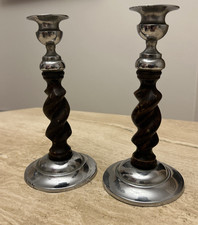 Pair Of Vintage 19cm Oak & Chrome Barley Twist Candlesticks.
