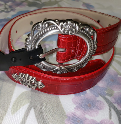 Red crocodile embossed belt - embossed,