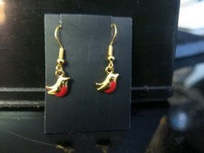 gold plated/ red enamelled small robin bird earrings / handmade + gift bag