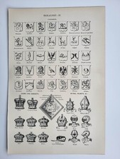 Old Vintage Antique Print 1901  Heraldry Charges Crowns Coronets Mitres Helmets