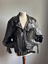 VINTAGE LEATHER BIKER JACKET 44 42 hells angel rock fringe tassle distress SKIN