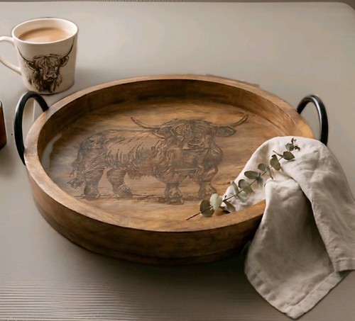 Round wooden highland cow - cow, tray