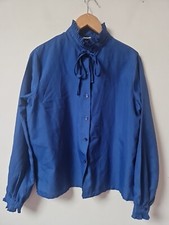 Vintage High Ruffle Neck Blue Blouse Top Pussy Bow Size 14 16