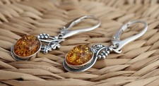 Cognac Baltic Amber 925 Sterling Silver Dangle Drop Earrings Gift Boxed