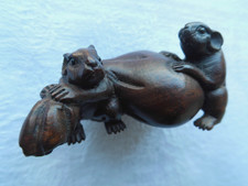 Signed Carved Wood Netsuke - Two Rats with Bag
