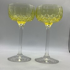 2  John Walsh Crystal Wine Glasses Yellow UV Glow Antique Art Deco 1920s signed