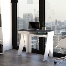Modern Living Home Office Desk, White and Grey Oak Effect, Drawer and Storage