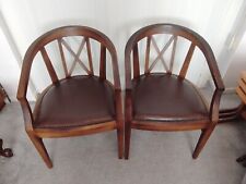 Matching Pair of Reproduction Edwardian Elbow Chairs, Studded Brown Rexine Seat