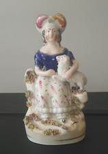 Antique Staffordshire Figurine of a Girl Holding a Pet Lamb – 15.5 cm Tall