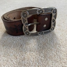 Vintage Brown Leather Belt Embossed Western Pattern Metal Buckle Cowboy 38/40