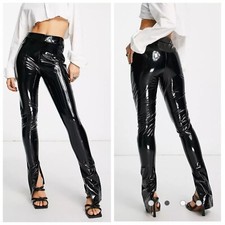 RIVER ISLAND Black Vinyl High Waist Skinny Split Hem Trousers UK 10/12 L34 NEW