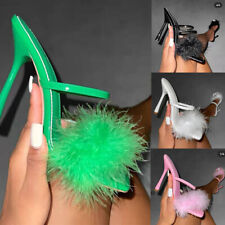 Womens Fluffy Fur Sandals Stiletto High Heels Slippers Cocktai Party Shoes UK