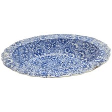 Old Hall Ivory Ware England Floral  Blue Oval Bowl 9" Mini Stainage On Both Side