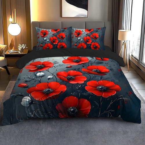 Red poppy floral duvet cover - red,
