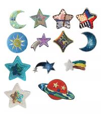 Sun Moon Shooting Star Planet Saturn Sequin Diamond Iron-On Motif Patch Child